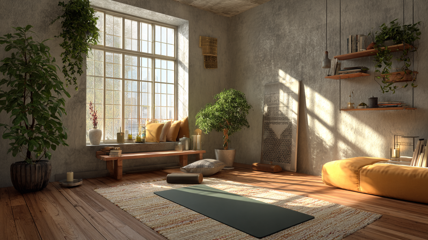 Уютно йога пространство у дома със зелени растения и меки одеяла